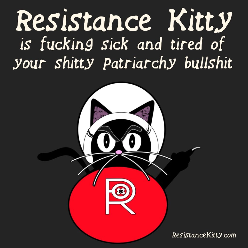 Resistance Kitty is fucking sick and tired of your shitty patriarchy bullshit and she is dressed as a handmaid flipping the patriarchy off