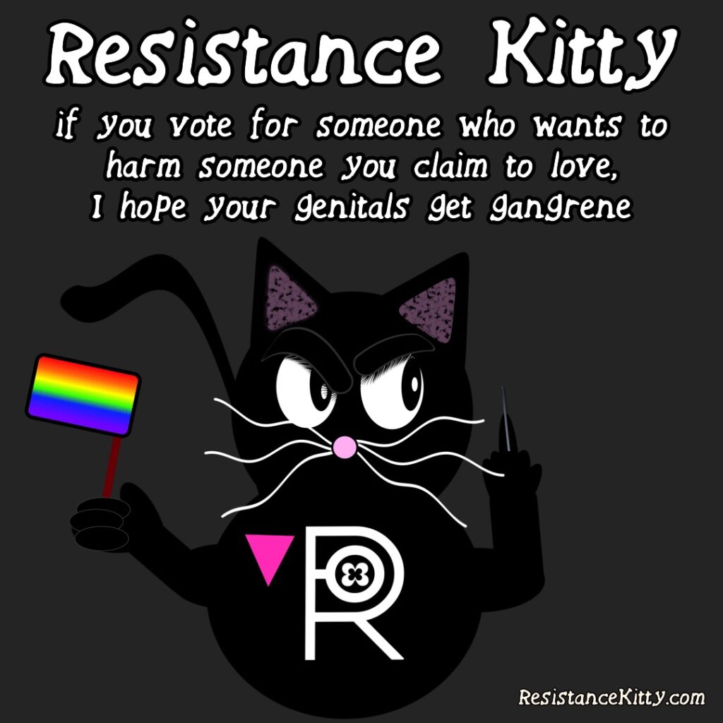 Resistance Kitty says if you vote for someone who want to harm someone you claim to love, I hope your genitals get gangrene. She is holding a pride flag and has a pink triangle on her chest.