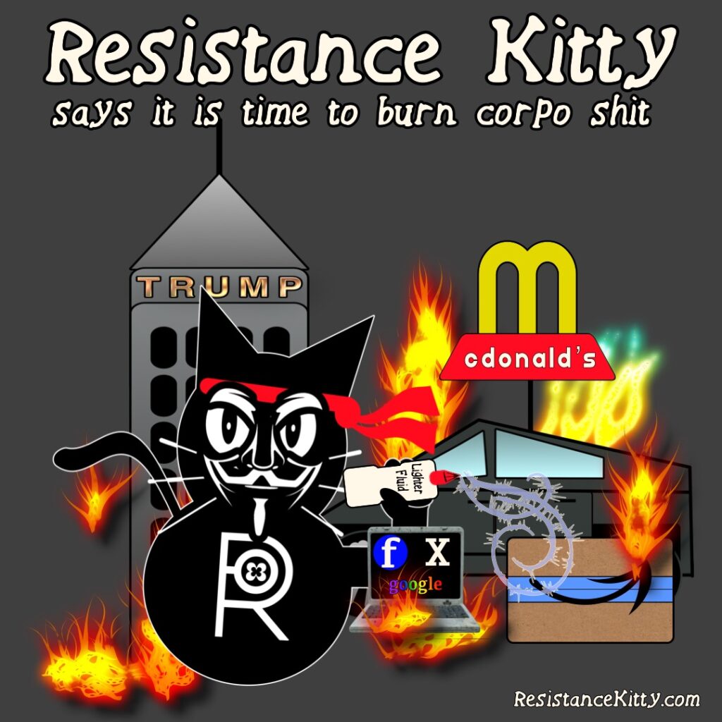 Resistance Kitty says it is time to burn corpo shit! She is dressed like rambo and his burning Social media companies, trump tower, teslas, amazon boxes, and mcdonalds.