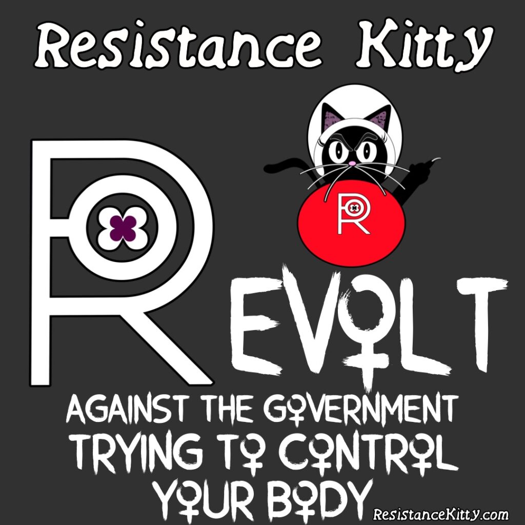 Resistance Kitty says revolt against the government trying to control your body. She is wearing gilead gear and flipping the patriarchy off.