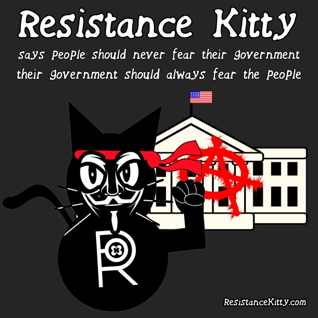 Resistance Kitty says people should never fear their government, their government should always fear the people. She is dressed in her rambo war paint and there is an anarchy symbol spray painted on the wall.