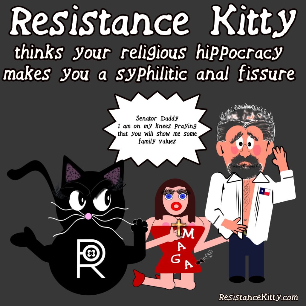 Resistance Kitty thinks you religious hypocrisy makes you a syphilitic anal fissure. She is flipping off a blow up looking doll that is Lauren Boebert on her knees saying "hey daddy let me show you my family values".