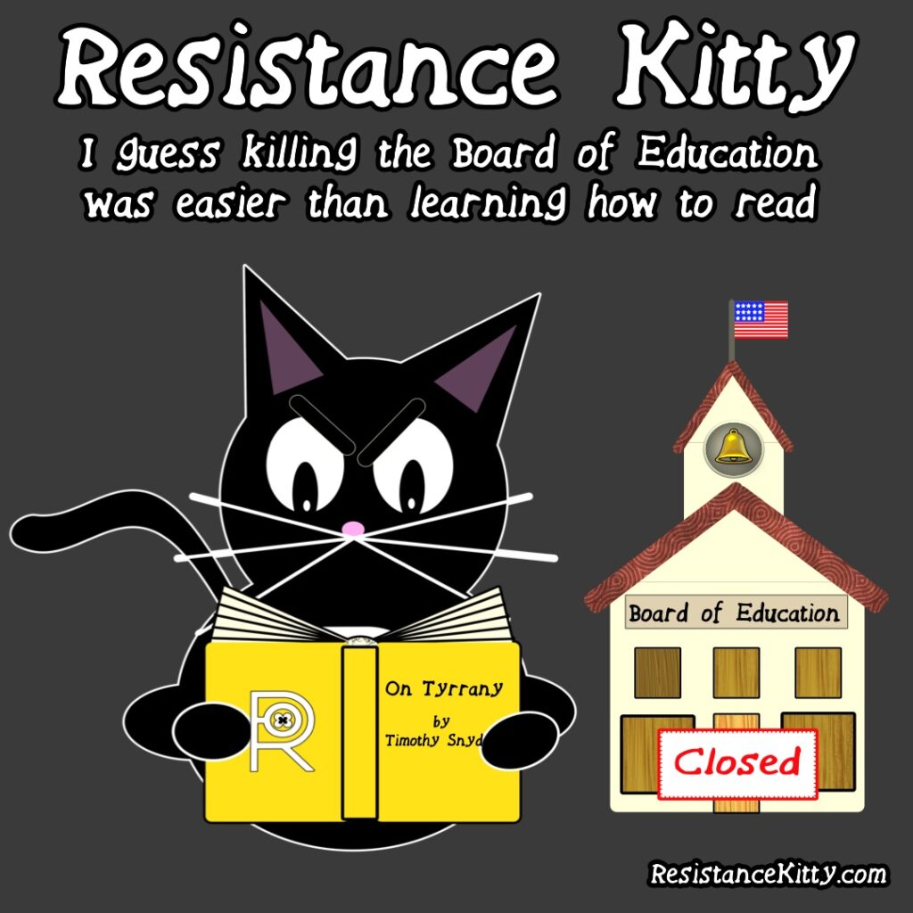 Resistance Kitty says I guess killing the board of education was easier than learning to read. She is sitting and reading in front of a school house with a closed sign.