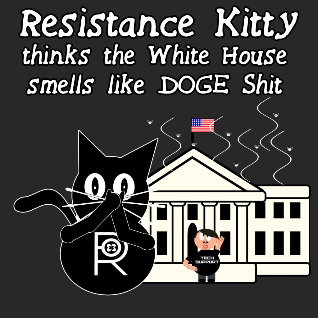 Resistance Kitty thinks the white house smells like doge shit. she is holding their nose as elon is standing in front of a very stinky white house. there are flies and chemicals coming off of the house.
