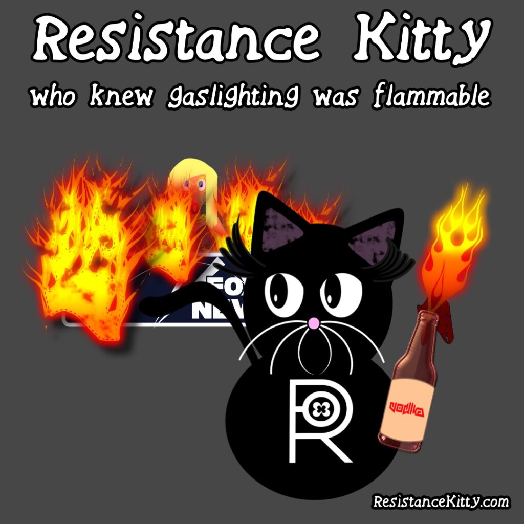 Resistance Kitty says "who knew gaslighting was flammable?" She has her mazel tav cocktail in hand and behind her a fox news desk and anchor are on fire.