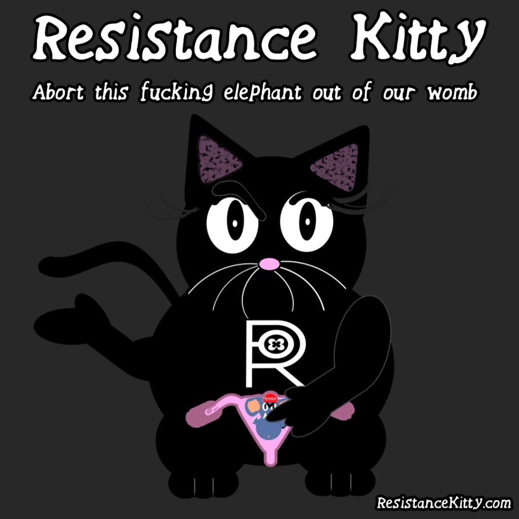 Resistance Kitty says "Abort the fucking elephant out of our womb" She is pointing to the maga elephant in her womb.