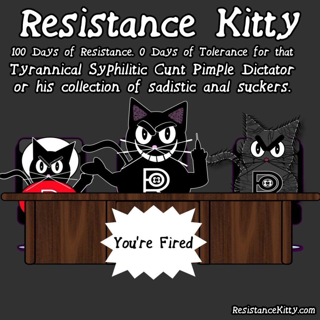 Resistance Kitty says" 100 days of resistance. 0 days of tolerance for that tyrannical syphilitic cunt pimple dictator or his collection of sadistic anal suckers." She is sitting there with Jayne and Shoggath like the set of the apprentice and saying you're fired.