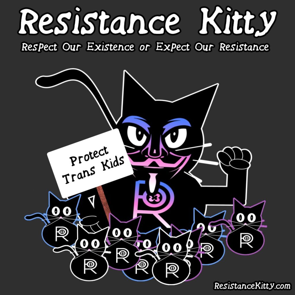Resistance Kitty Says "respect our existence or expect our resistance. Transgender RK is sitting with a pride of of trans resistance kittens holding a sign that says protect trans kids