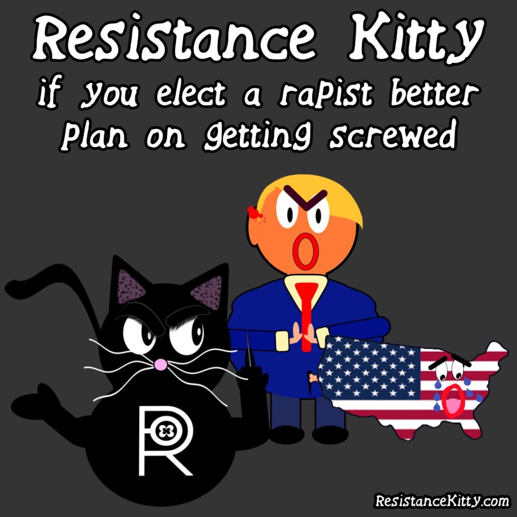 Resistance Kitty says "if you elect a rapist, better plan on getting screwed" trump in is the background raping america and RS is shrugging and I told you so"