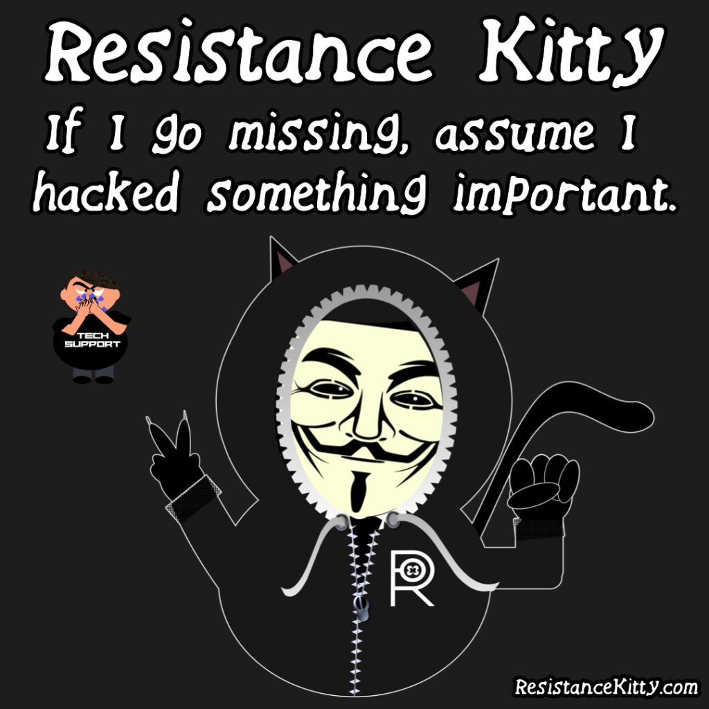 Resistance Kitty says "If I go missing, I hacked something really good." She is playing on a computer with anonymous while elon is in the background crying.