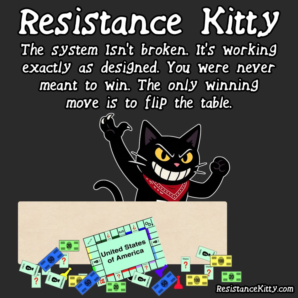 Resistance Kitty says "The system Isn’t broken. It’s working exactly as designed. You were never meant to win. The only winning move is to flip the table." She has flipped the table and a mess of the Game called The United States of America.