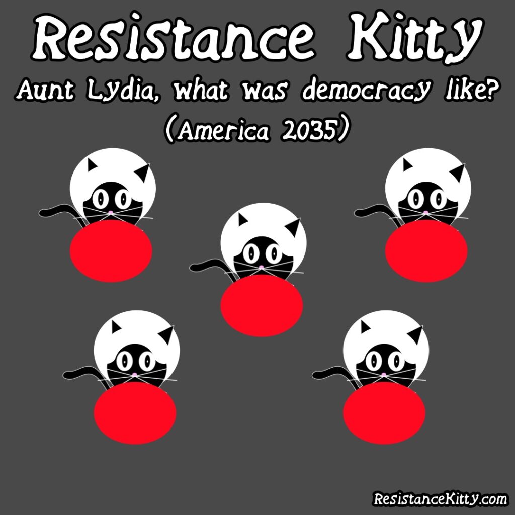 Resistance Kittens in 2025 ask Aunt Lydia "What was democracy like?" and they are dressed in gilead gear.