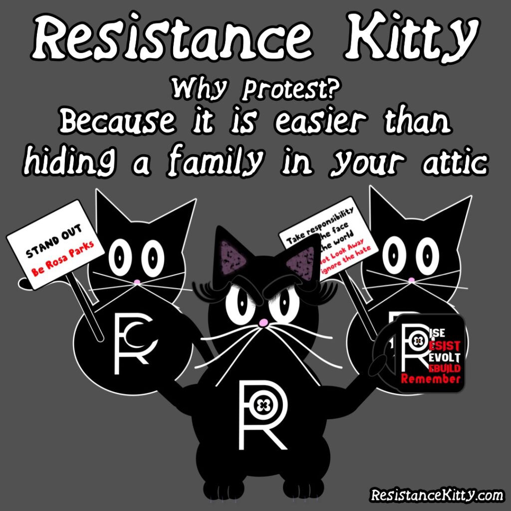 Resistance Kitty says "Why protest? Because it is easier than hiding a family in your attic" She is shrugging while standing with protesters.