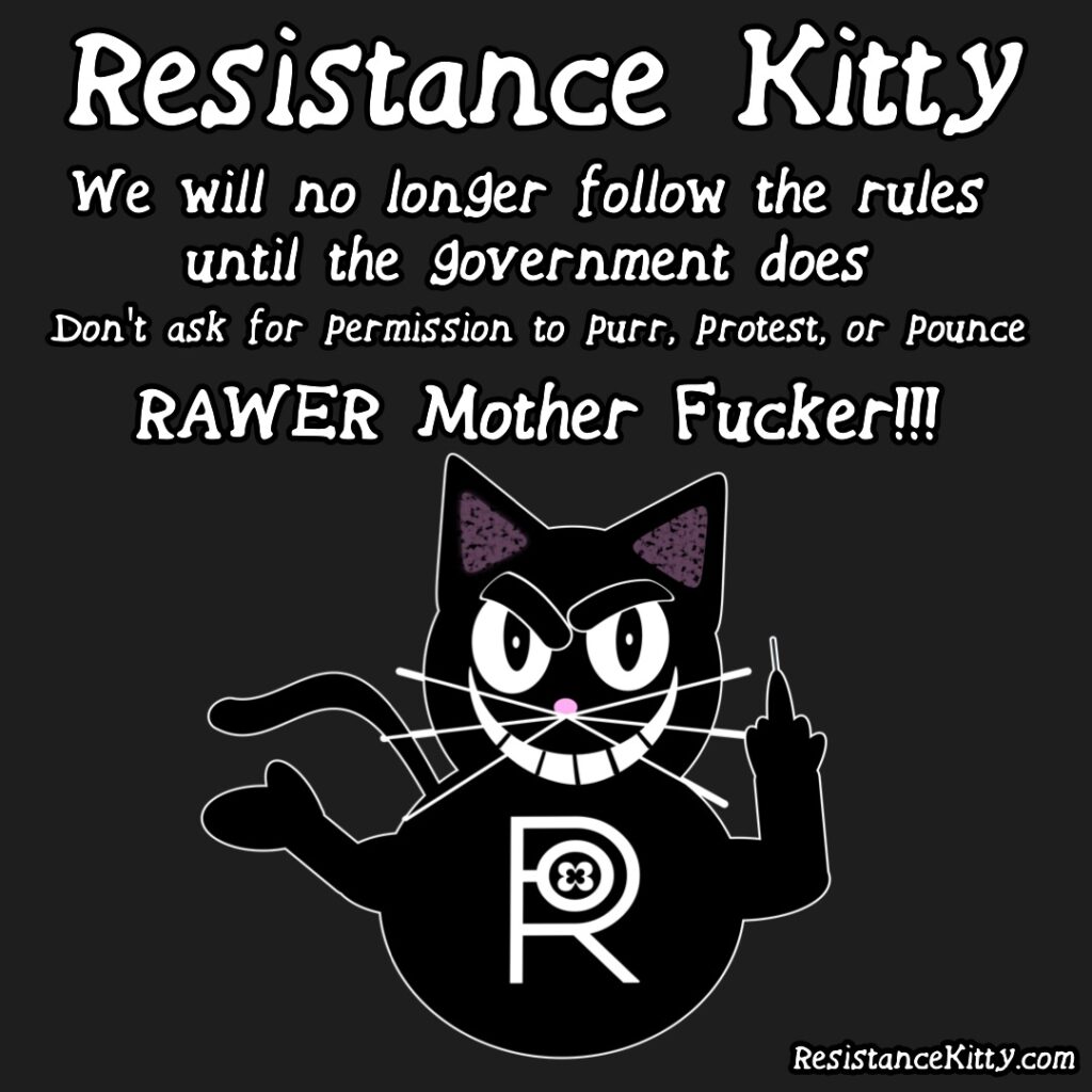 Resistance Kitty says "We will no longer be following the rules until the government does. Don't ask permission to purr, protest, or pounce. RAWER mother fucker!" She has a crazy look in her eyes and a big grin.