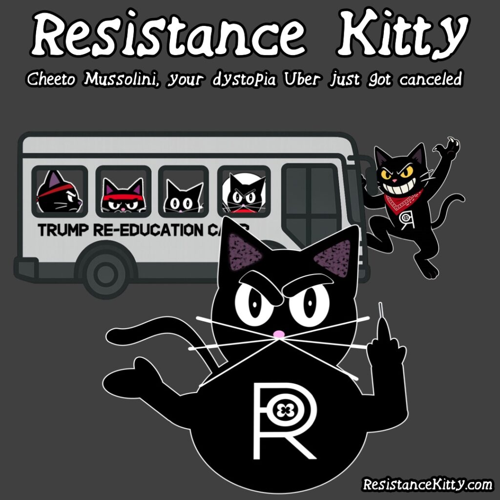 Resistance Kitty says “Cheeto Mussolini, your dystopia Uber just got” She's flipping the fascist government while her fellow resistance kitty stops and takes over a bus full of kitties about to be sent to a reeducation camp.