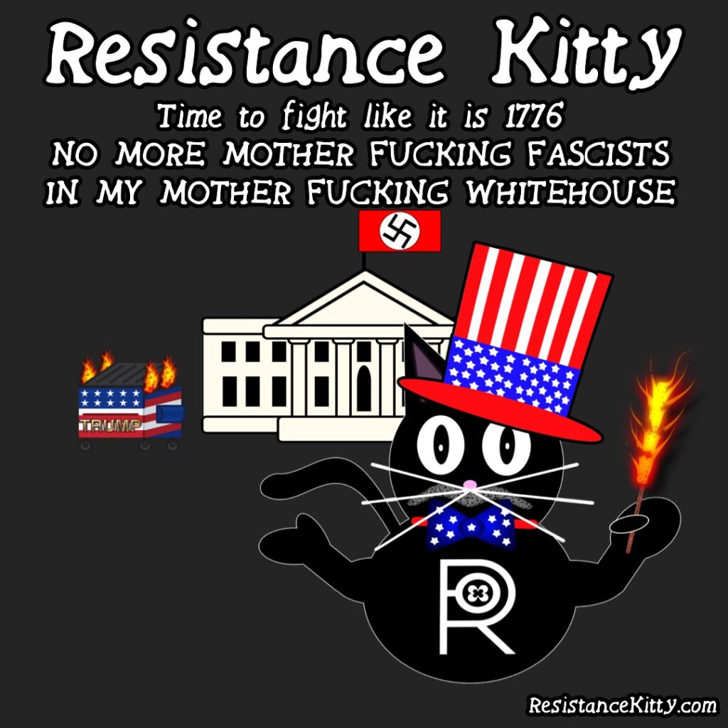 Resistance kitty says” Time to fight like it is 1776
NO MORE MOTHER FUCKING FASCISTS 
IN MY MOTHER FUCKING WHITE HOUSE“ She is dressed like Uncle Sam and standing in front of a Trump Dumpster Fire and the white house flying a nazi flag. 