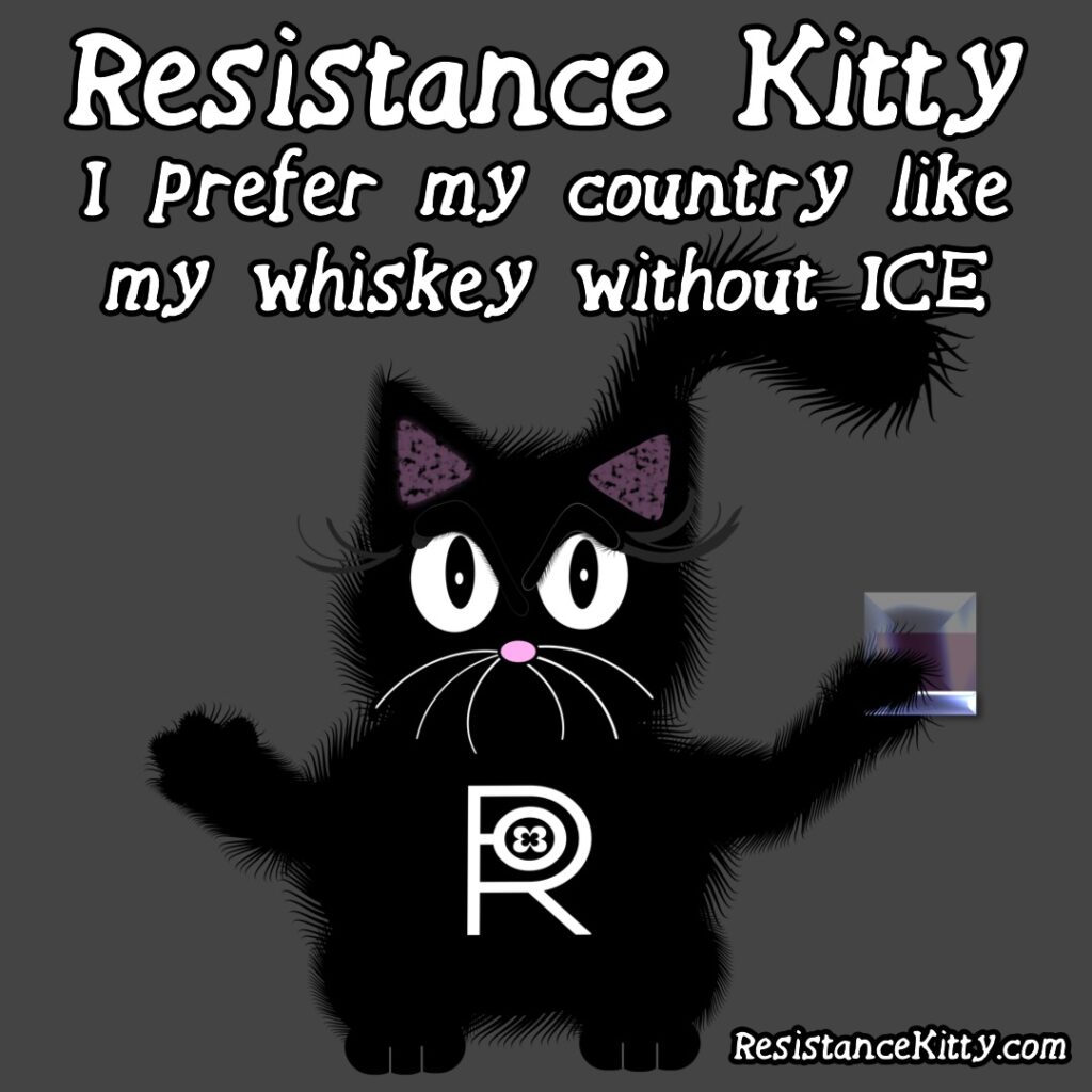Resistance Kitty says “I prefer my country like my whiskey without ICE” She is standing with her whiskey.