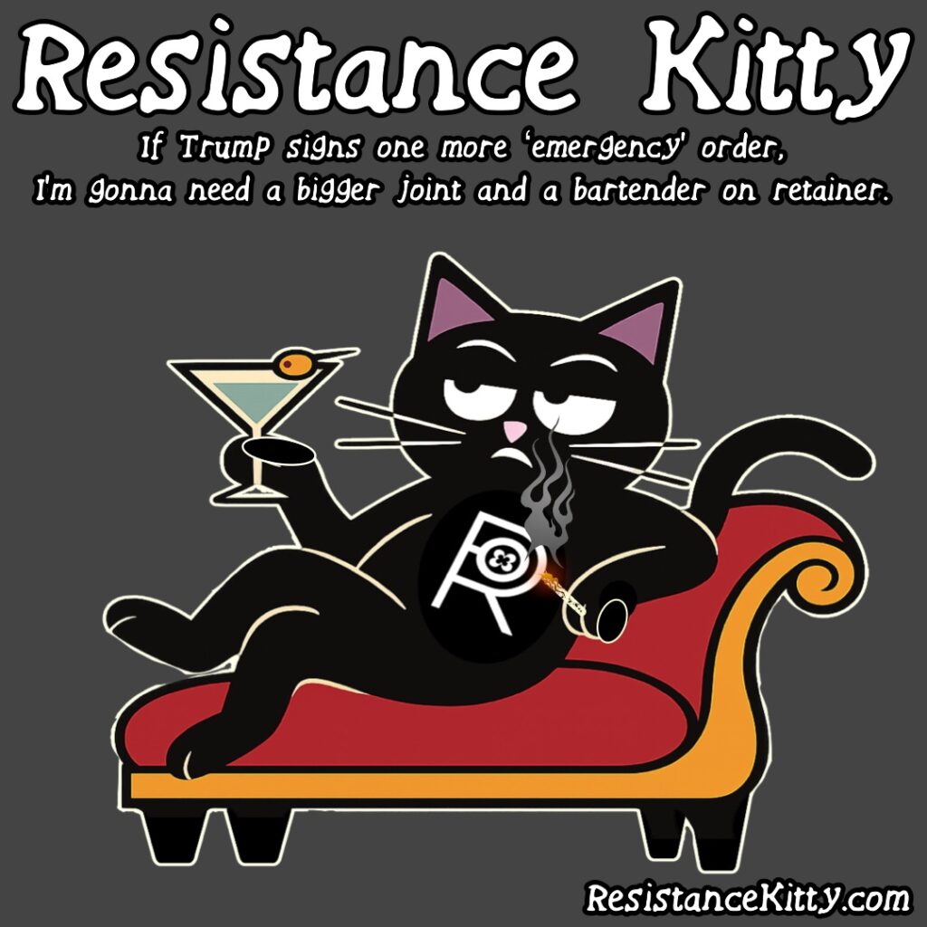 Resistance Kitty says “If Trump signs one more ‘emergency’ order, I’m gonna need a bigger joint and a bartender on retainer.” She is on her favorite fainting couch with her martini and joint.