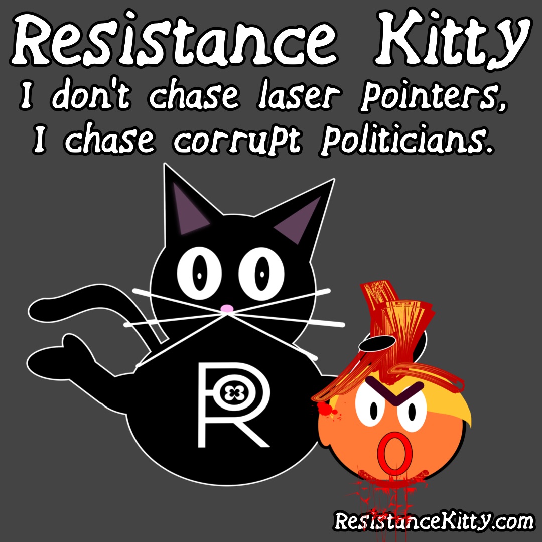 Resistance Kitty Says”I don’t chase laser pointers, I chase corrupt politicians.” She has the head of a fascist in hr hand.