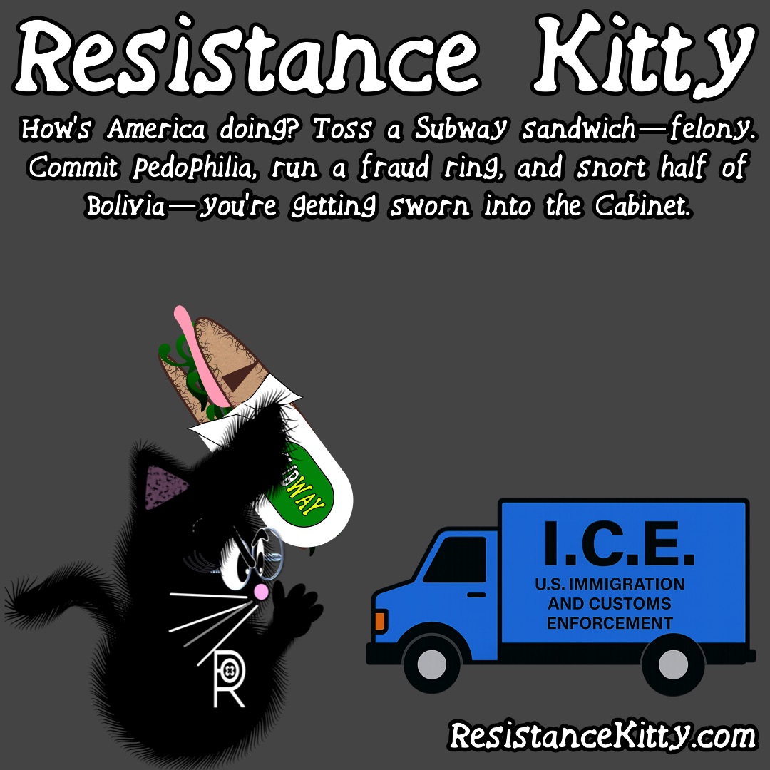 Resistance Kitty says “How’s America doing? Toss a Subway sandwich—felony. Commit pedophilia, run a fraud ring, and snort half of Bolivia—you’re getting sworn into the Cabinet.” She is tossing a Subway sandwich at ICE in solidarity with resisters.