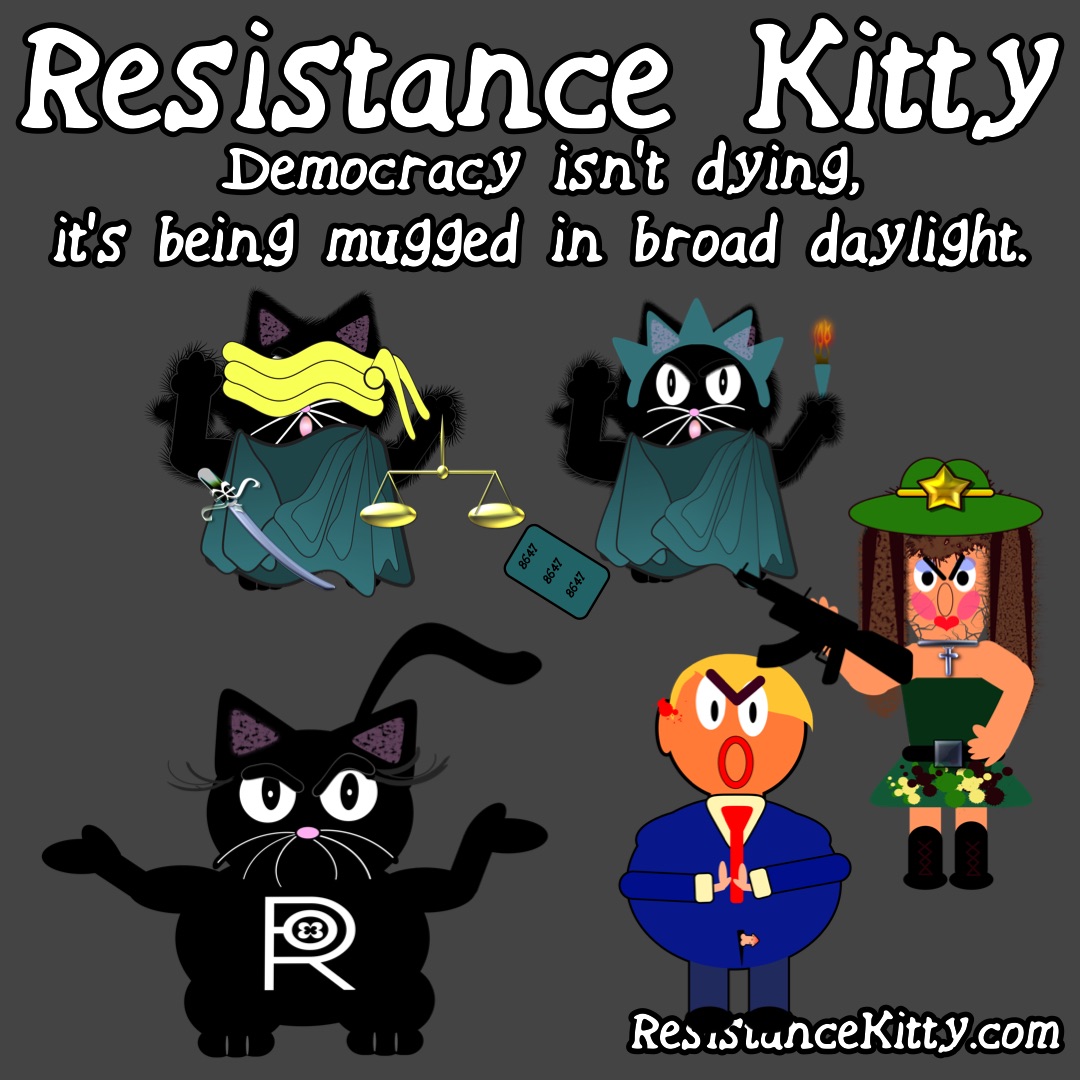 Resistance Kitty Says “Democracy isn’t dying, it’s being mugged in broad daylight.” She is watching as Kim Noem and Trump hold up lady liberty and lady justice up with a gun.