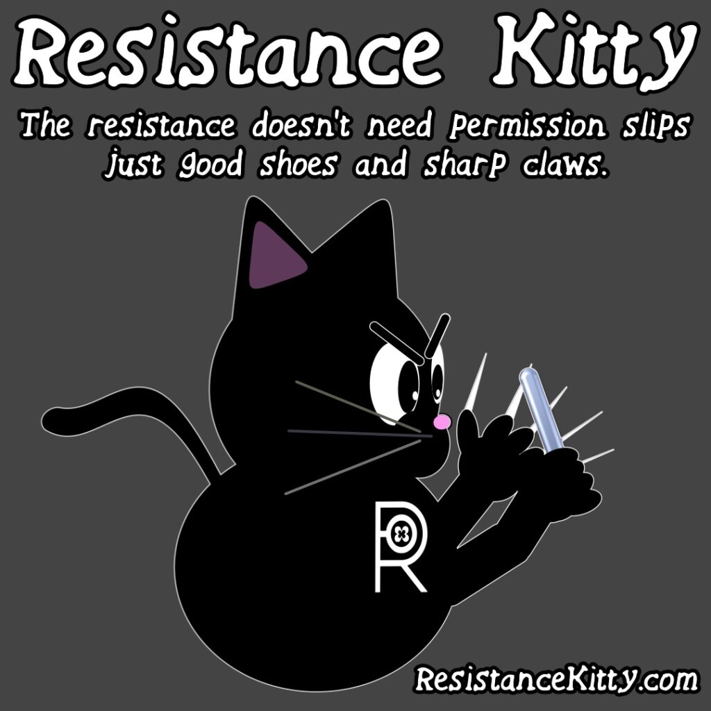 Resistance Kitty says “The resistance doesn’t need permission slips, just good shoes and sharp claws.” She is sharpening her resistance claws.