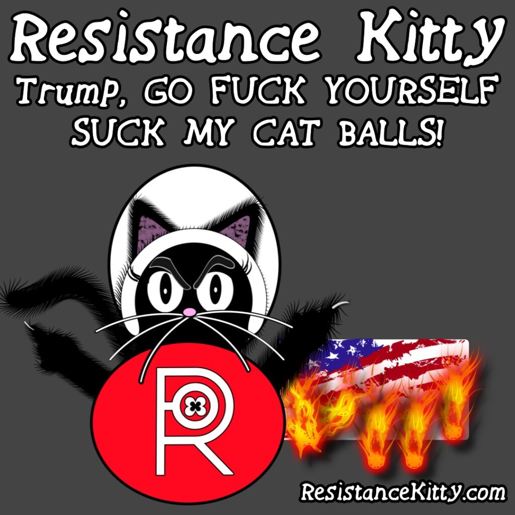 Resistance Kitty says “Trump, GO FUCK YOURSELF SUCK MY CAT BALLS!” She is burning a flag while flipping him off.