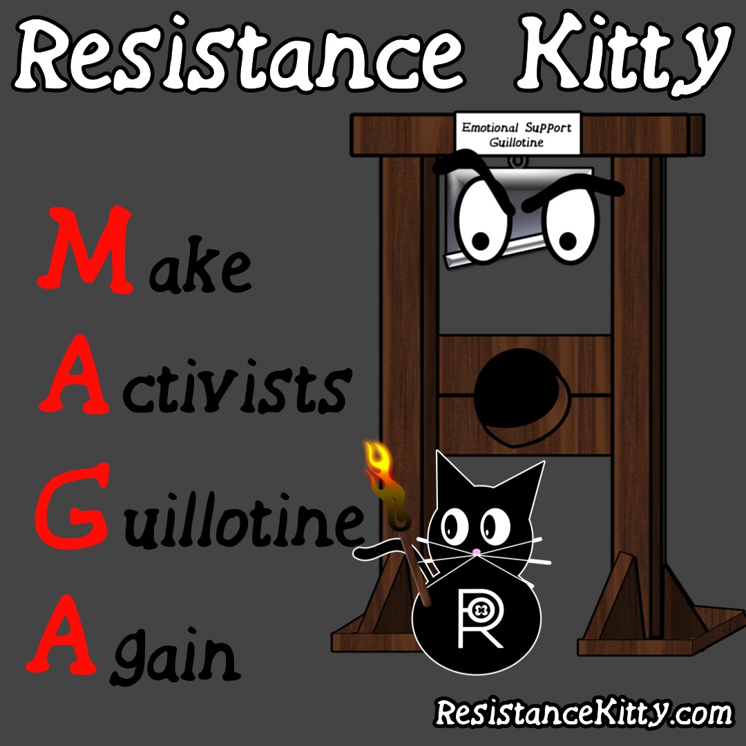 Resistance Kitty Says “Make Activists Guillotine Again” She is standing with her emotional support guillotine.