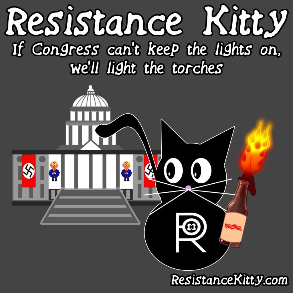 Resistance Kitty says “If Congress can’t keep the lights on, we’ll light the torches” She has her torch lighting cocktail in hand.