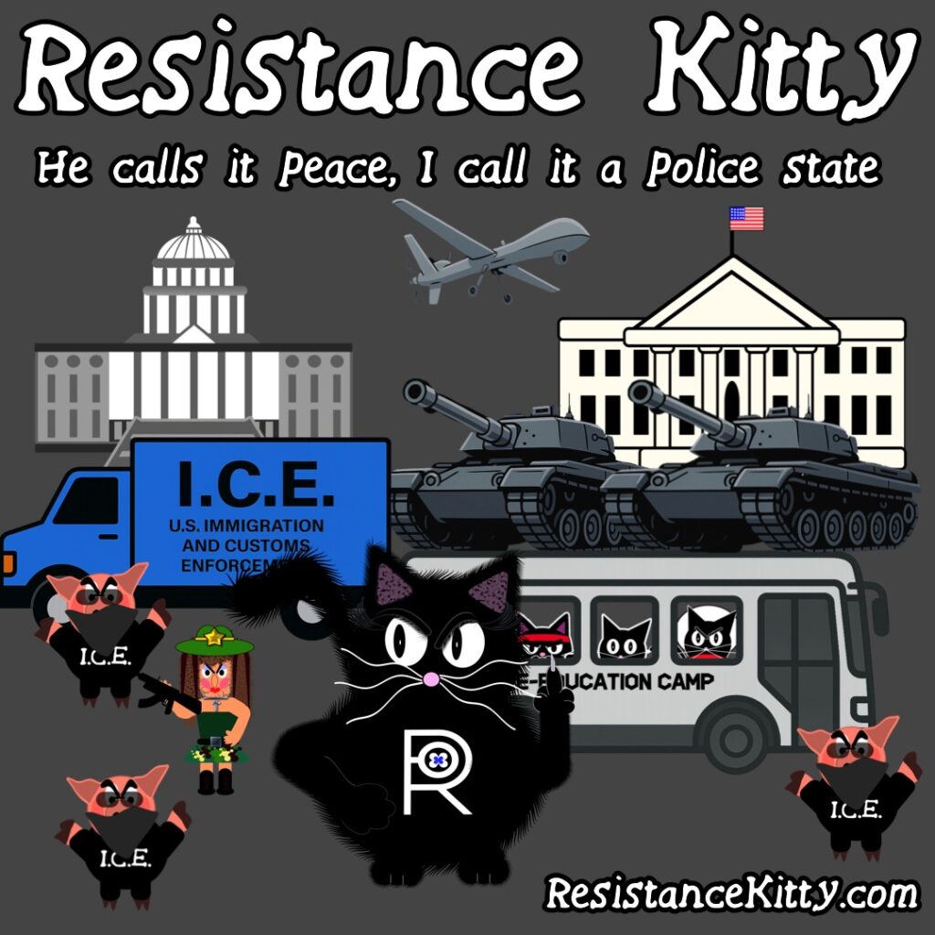 Resistance Kitty says “He calls it peace, I call it a police state” She is judging the I.C.E. and militarization of D.C.