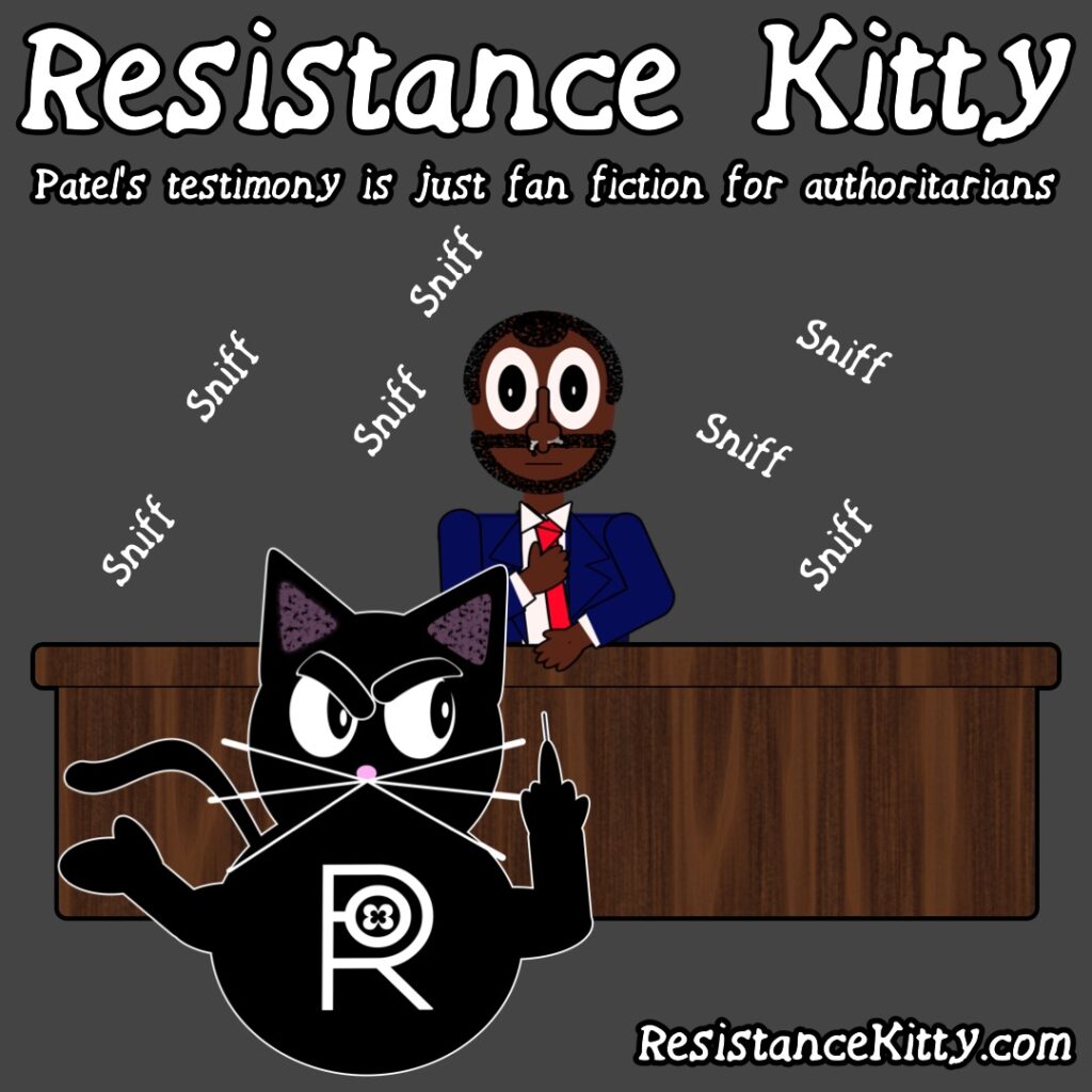 Resistance kitty says “Patel’s testimony is just fan fiction for authoritarians” She is flipping off patel as he sniffs post coke bump.