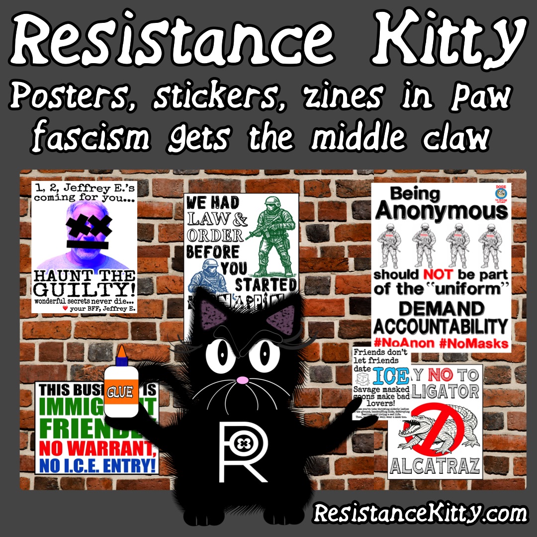 Resistance Kitty Says “Posters, stickers, zines in Paw fascism gets the middle claw”