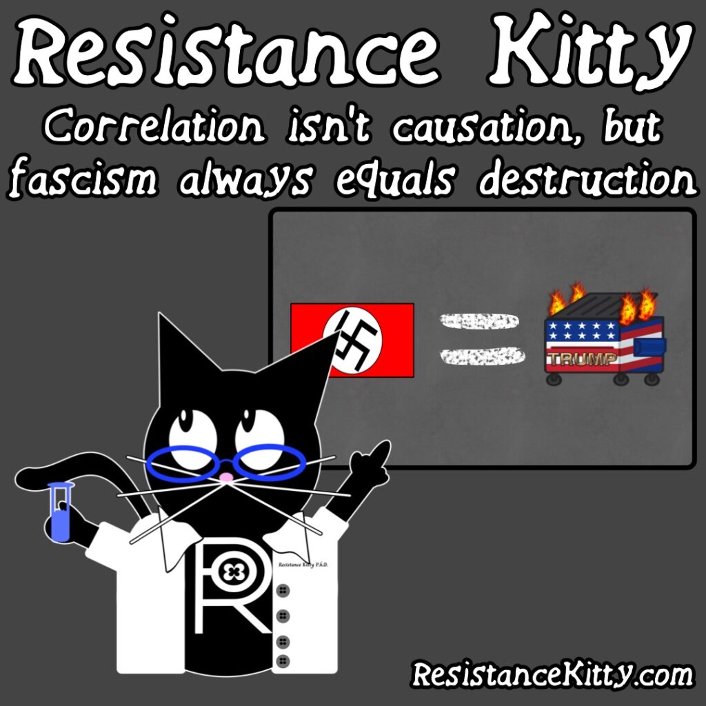Resistance Kitty says “Correlation isn’t causation, but fascism always equals destruction.” Science kitty is pointing to a chalkboard that shows a picture of the nazi flag = to a trump dumpster fire.