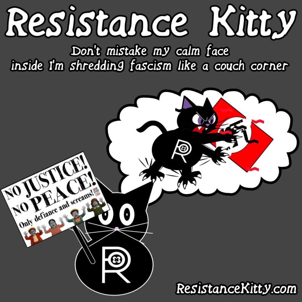 Resistance Kitty says “Don’t mistake my calm face inside I’m shredding fascism like a couch corner” She is protesting with a calm face but dreaming of ripping up a nazi flag like a Von Trapp Dad.