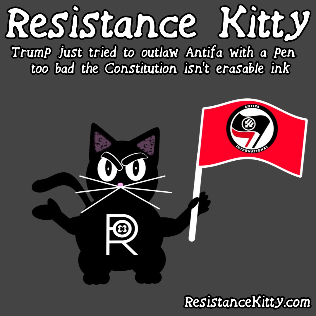 Resistance Kitty says”Trump just tried to outlaw Antifa with a Pen too bad the Constitution isn't erasable ink” She is waving her ANTIFA flag.