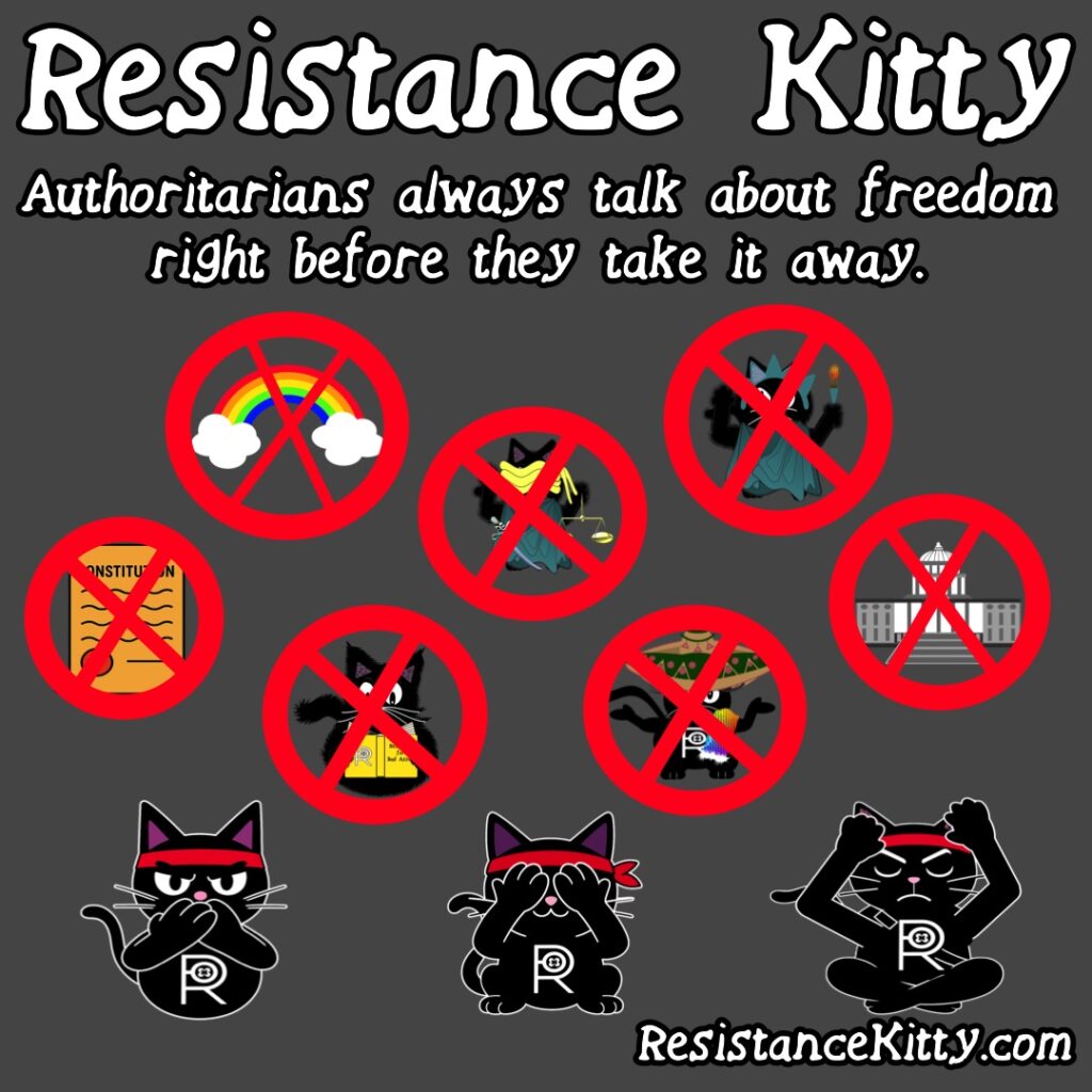 Resistance Kitty Says “Authoritarians always talk about freedom — right before they take it away.”