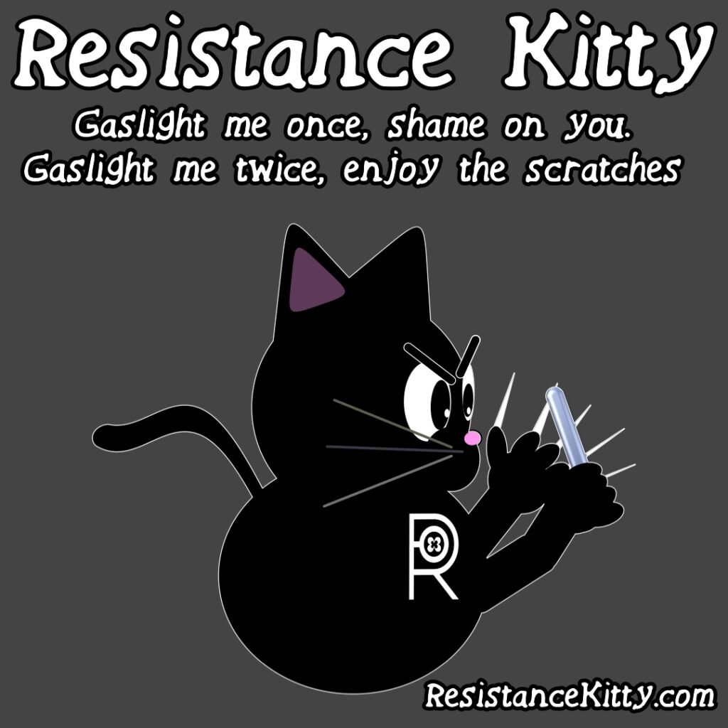Resistance Kitty says “Gaslight me once, shame on you. Gaslight me twice, enjoy the scratches”