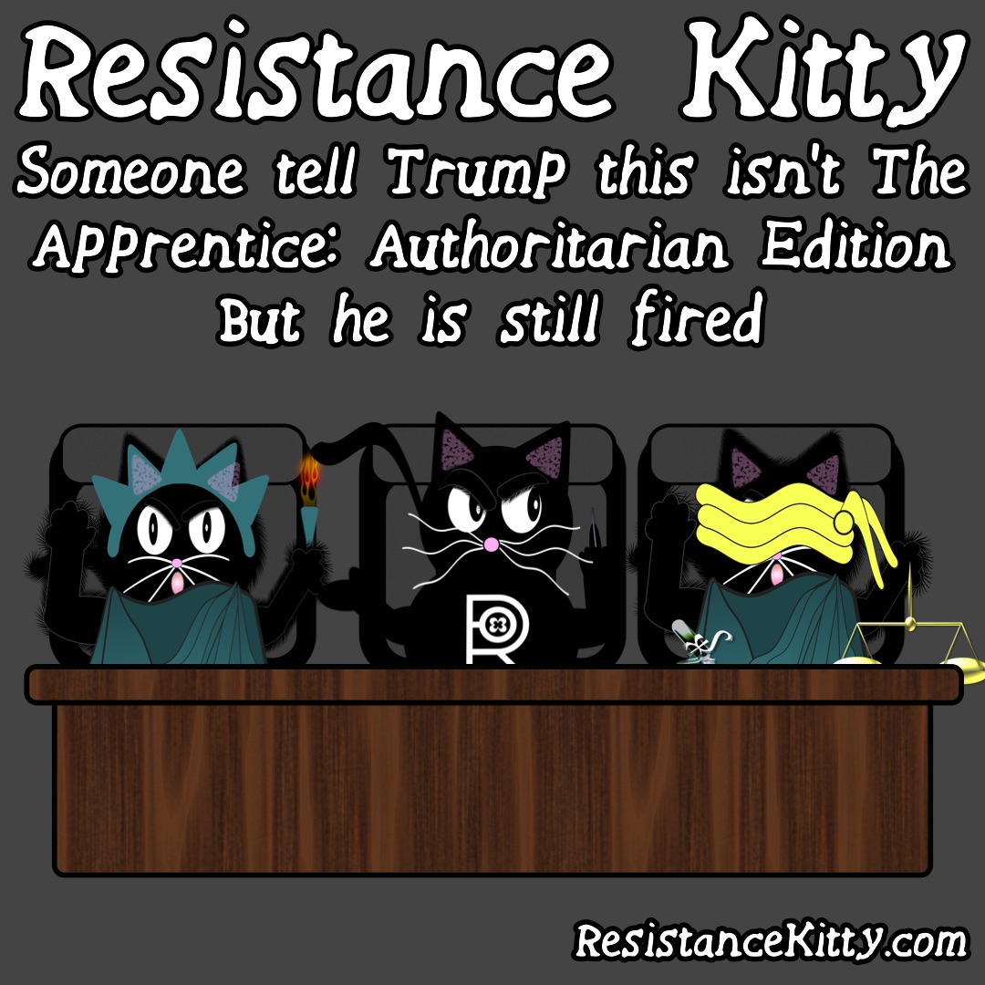 Resistance Kitty says “Someone tell Trump this isn’t The Apprentice: Authoritarian Edition But he is still fired”