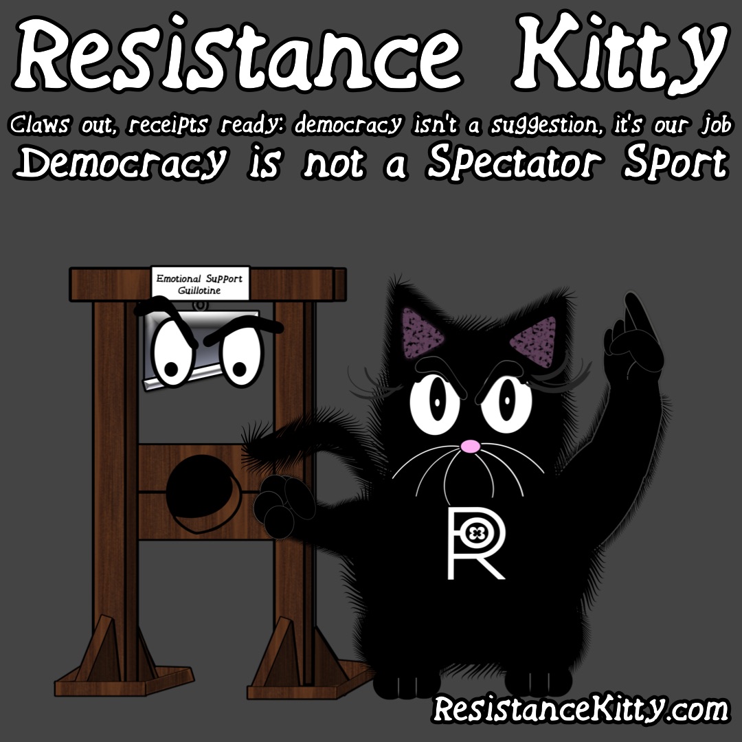 Resistance Kitty says “Claws out, receipts ready: democracy isn’t a suggestion, it’s our job. Democracy is not a Spectator Sport”