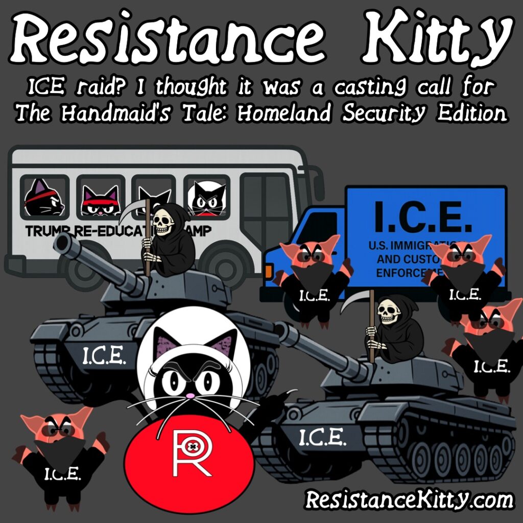 Resistance Kitty says “ICE raid? I thought it was a casting call for The Handmaid’s Tale: Homeland Security Edition”