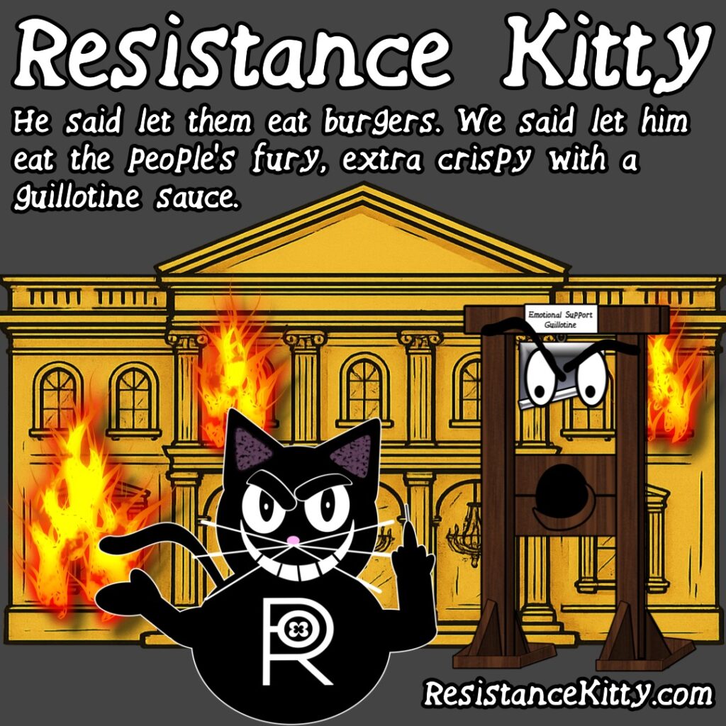 Resistance Kitty says “He said let them eat burgers. We said let him eat the people’s fury, extra crispy with a guillotine sauce.”
