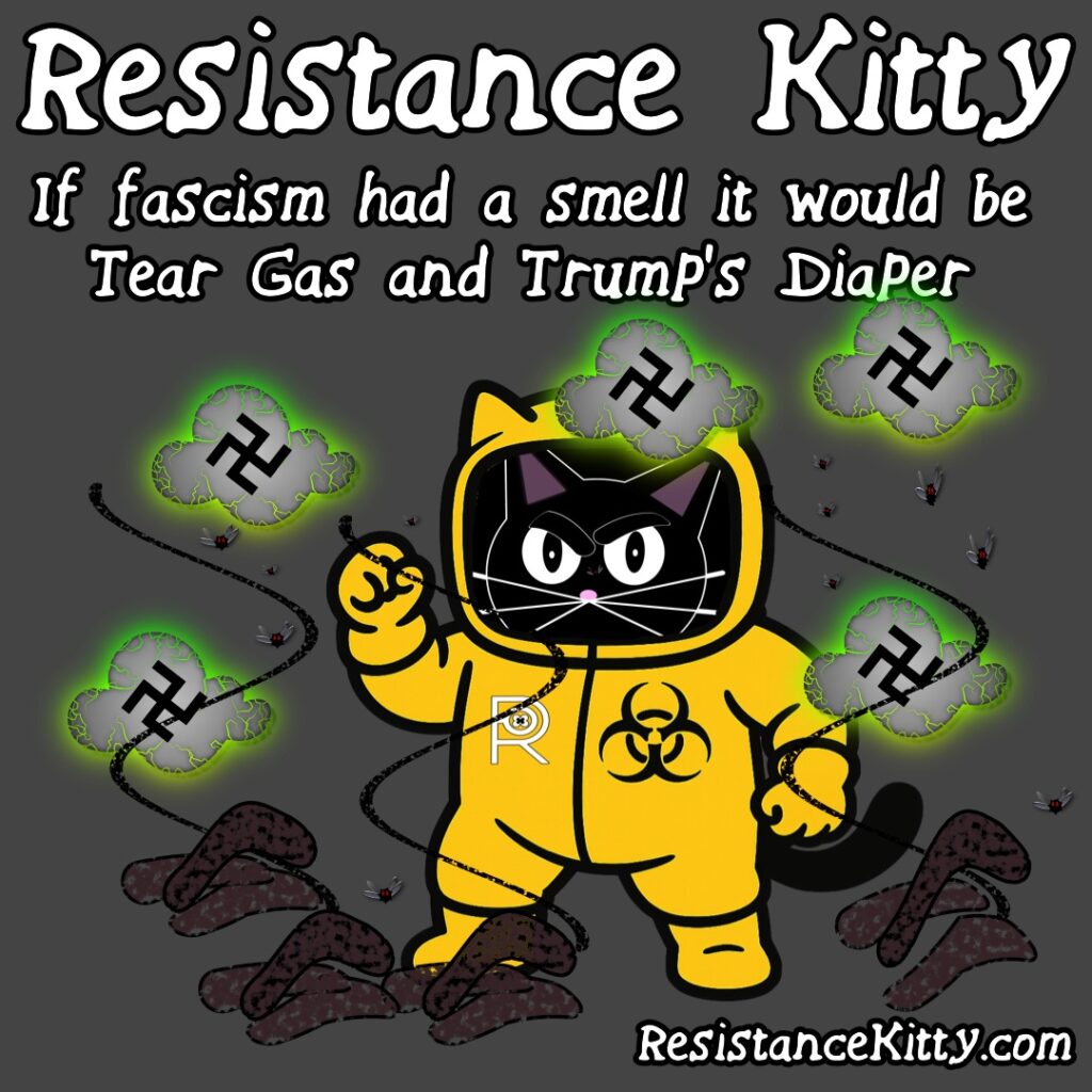 Resistance Kitty says “If fascism had a smell it would be Tear Gas and Trump’s Diaper”