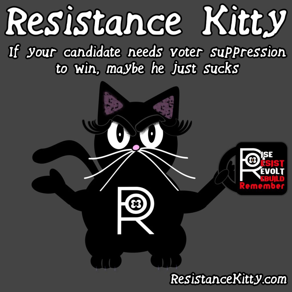 Resistance kitty says “If your candidate needs voter suppression to win, maybe he just sucks.”