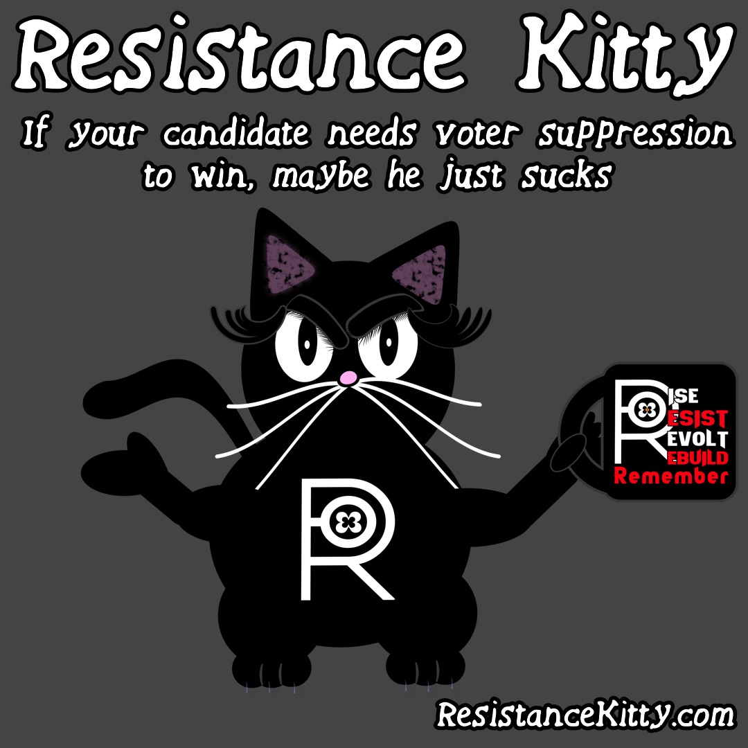Resistance kitty says “If your candidate needs voter suppression to win, maybe he just sucks.”