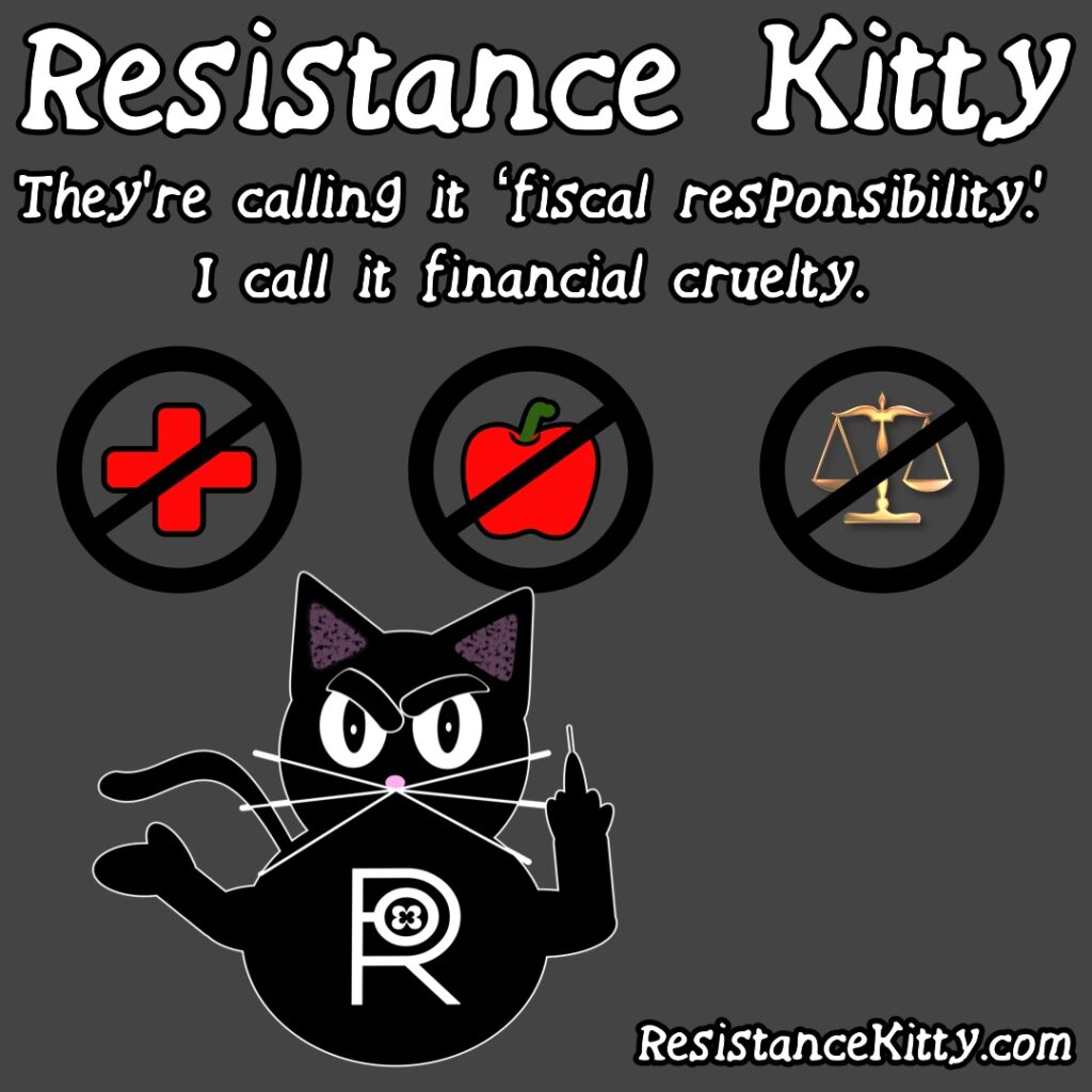 Resistance Kitty says “They’re calling it ‘fiscal responsibility.’ I call it financial cruelty.”