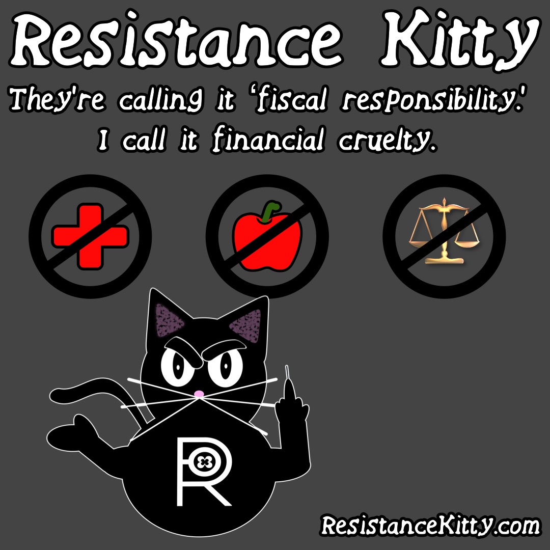 Resistance Kitty says “They’re calling it ‘fiscal responsibility.’ I call it financial cruelty.”