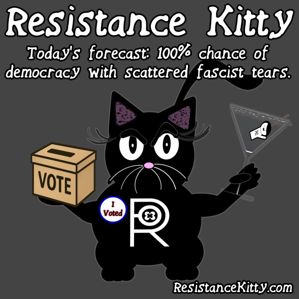 Resistance Kitty says ”Today’s forecast: 100% chance of democracy with scattered fascist tears.”