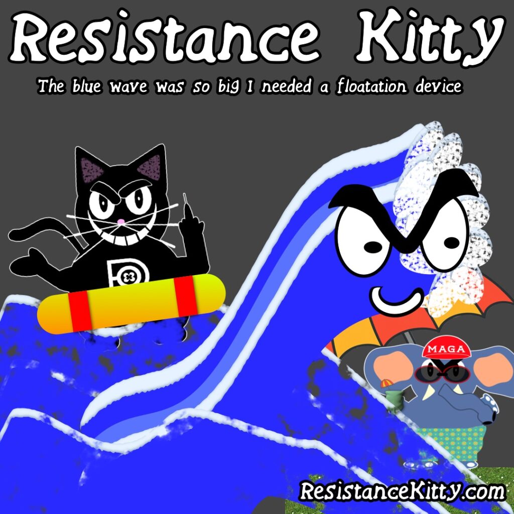 Resistance Kitty says “The blue wave was so big I needed a floatation device”