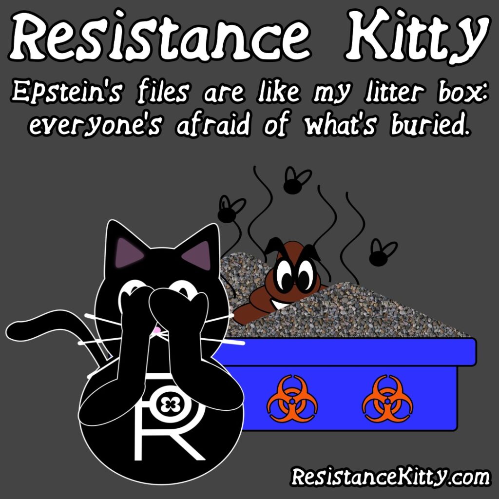 Resistance Kitty says “Epstein’s files are like my litter box: everyone’s afraid of what’s buried.”
