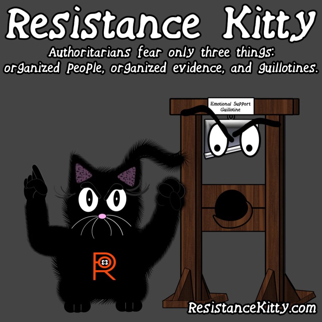 Resistance Kitty says “Authoritarians fear only three things: organized people, organized evidence, and guillotines.”